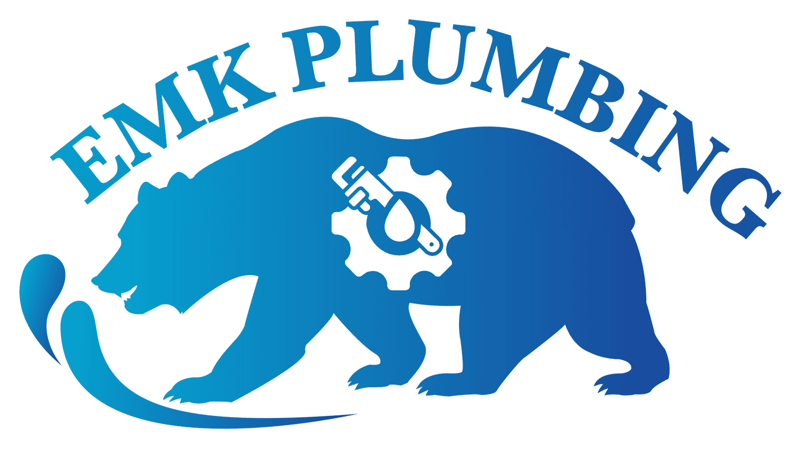 EMK Plumbing logo featuring a bear with plumbing tools and gear, representing reliable plumbing serv.