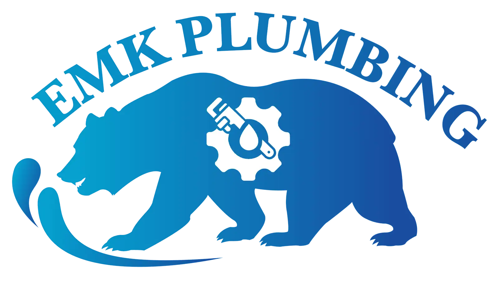 EMK Plumbing logo featuring a bear with plumbing tools and gear, representing reliable plumbing serv.